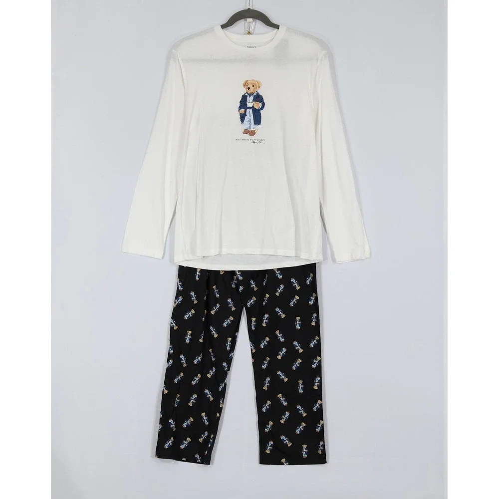 Polo Ralph Lauren Pajama Set Mens L White Black Bear Graphic Preppy $99 NWD
